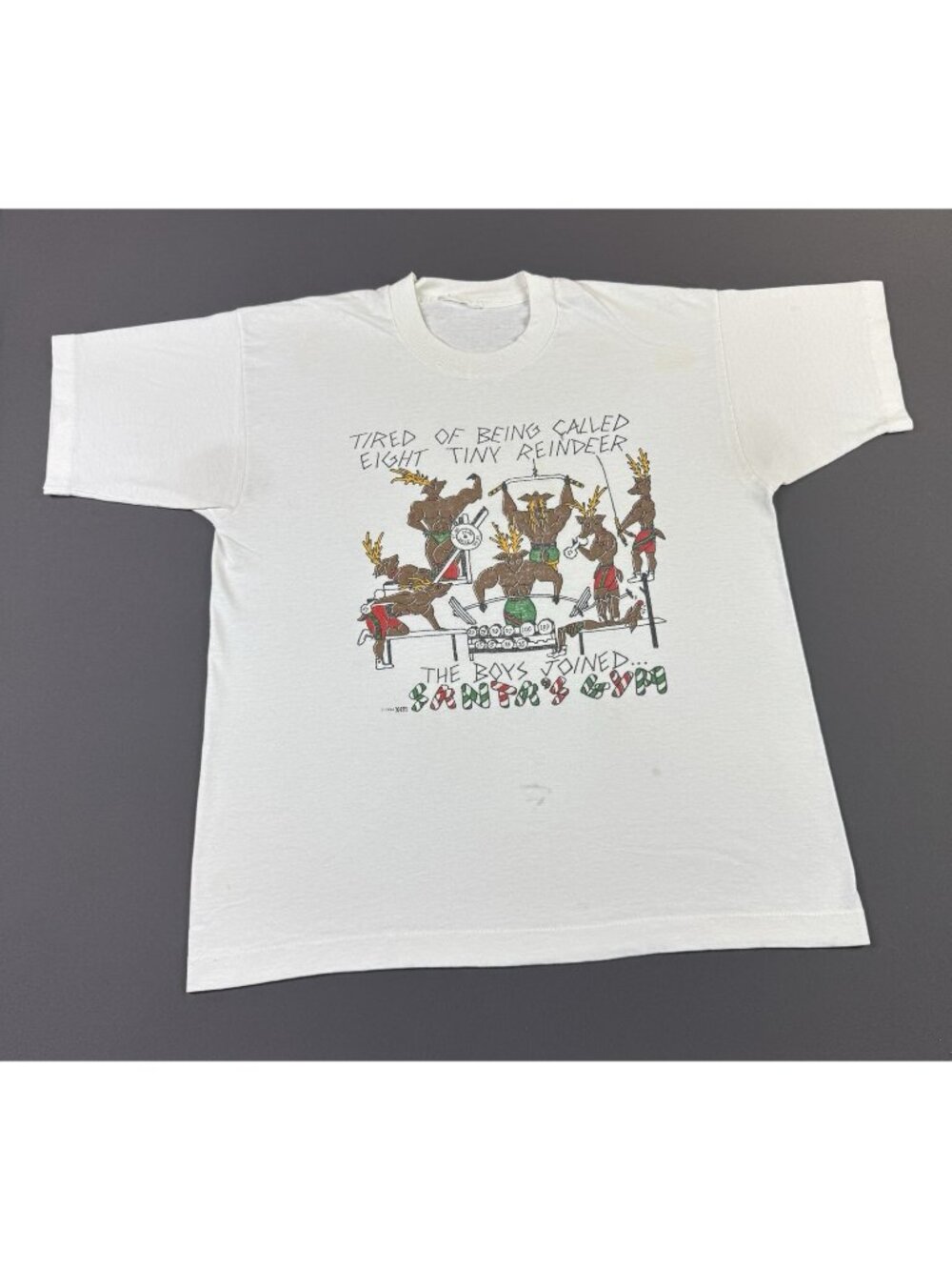 Rare Vintage 90s Santas Gym Christmas Tiny Reindeer Funny Art Drawing White Tee